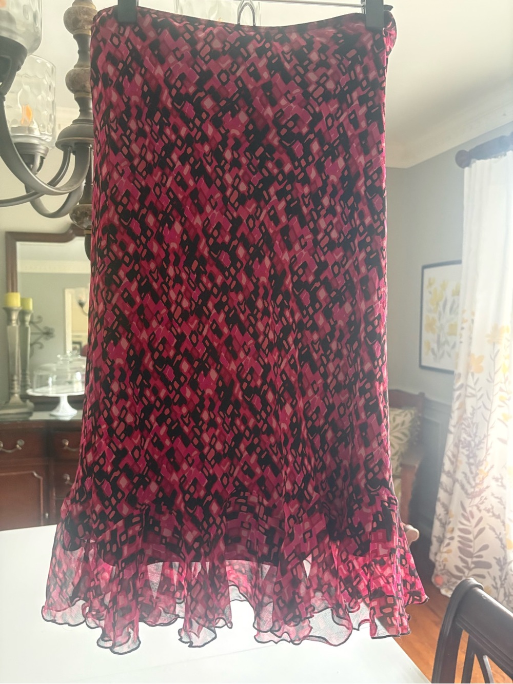 Vintage Betsy Johnson Pink & Black Geometric A-Line Skirt 100% silk Size Large
